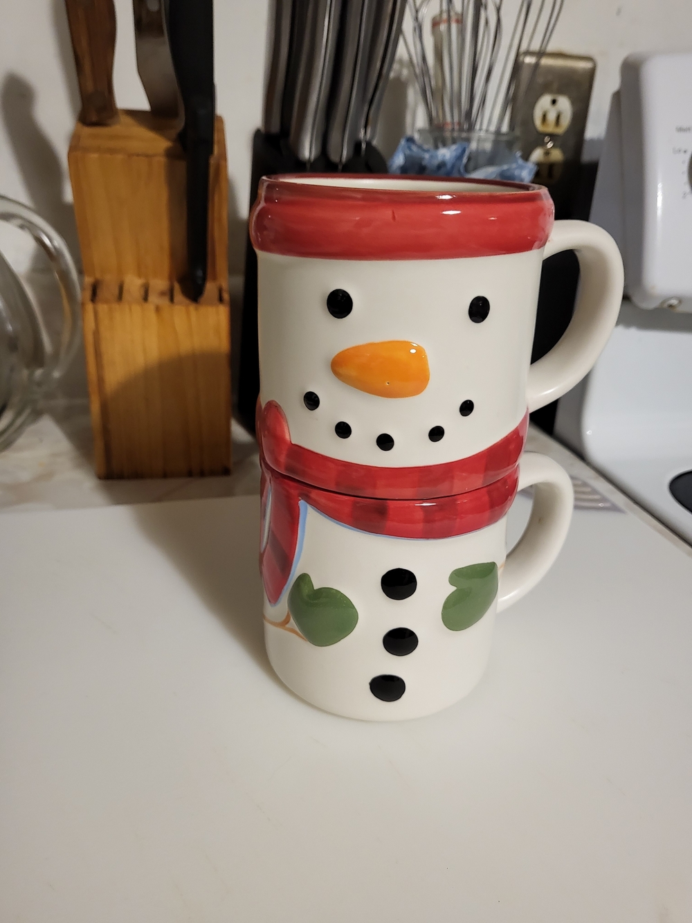Stackable Snowman Ceramic Mug Set - Red, White, Orange, Green